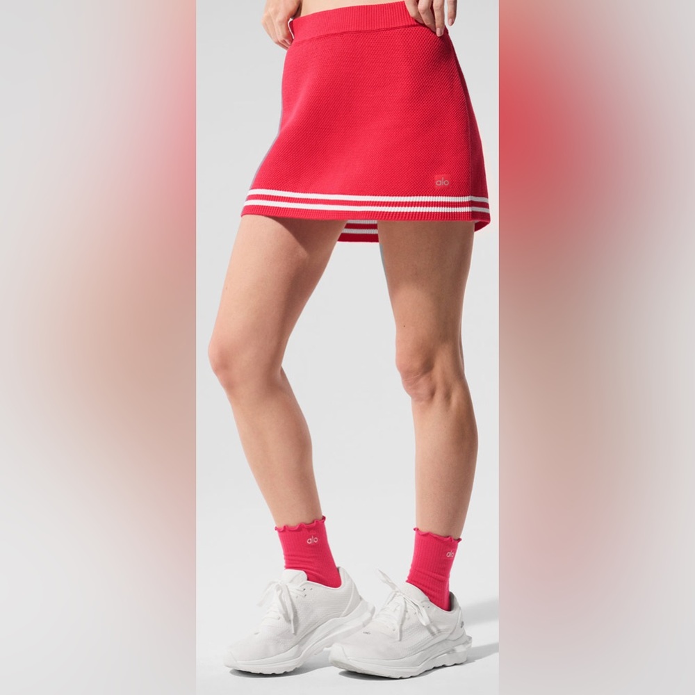 ALO Yoga Red Knit Tennis Skirt with White Stripe